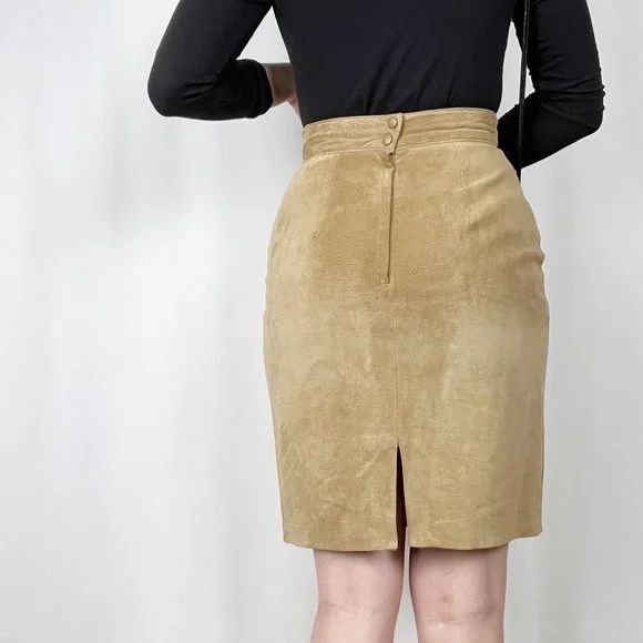 Vintage Danier Suede Leather Camel Tan High Rise Mini Midi Preppy Pencil Skirt - Picture 3 of 14